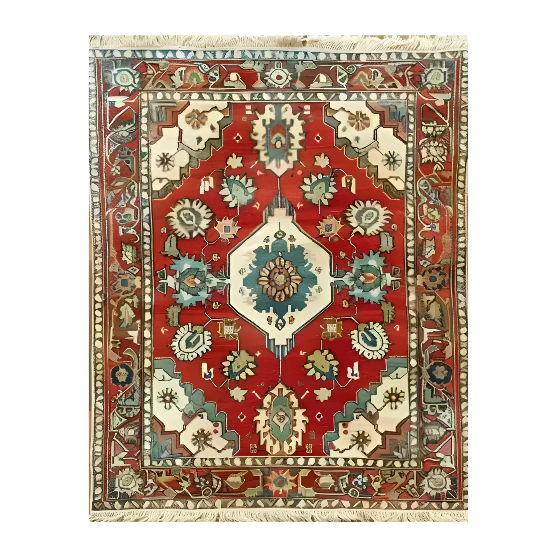 Top view of the Rosy Retreat Hand Knotted Area Rug, a stunning vintage rug featuring intricate Persian designs in vibrant red, blue, and ivory. Perfect for large living rooms, this elegant rug enhances any space with its timeless beauty.