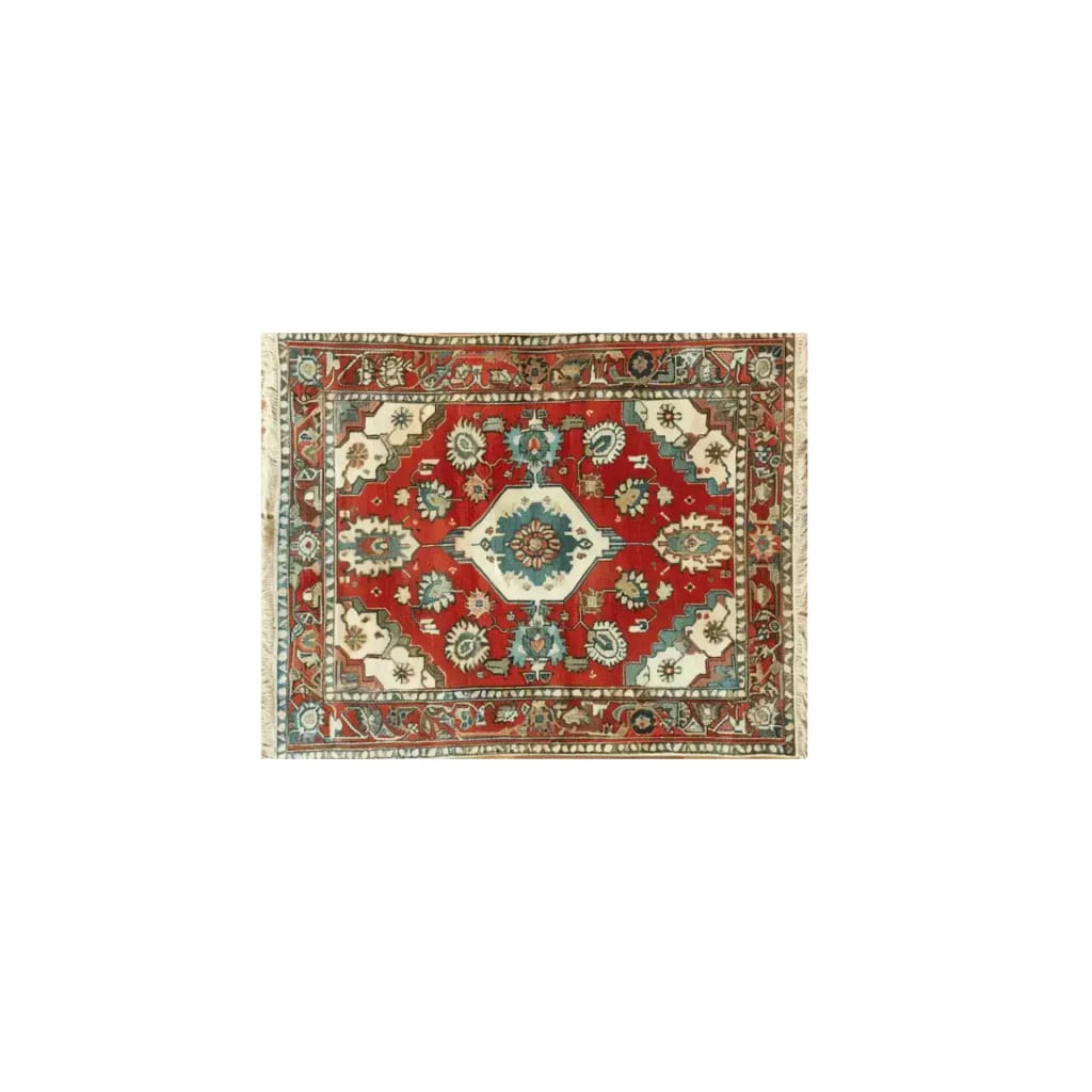 Rosy Retreat Hand Knotted Area Rug featuring a vibrant vintage design. This large living room rug showcases intricate Persian patterns in rich reds and blues, ideal for adding a touch of elegance to any space.