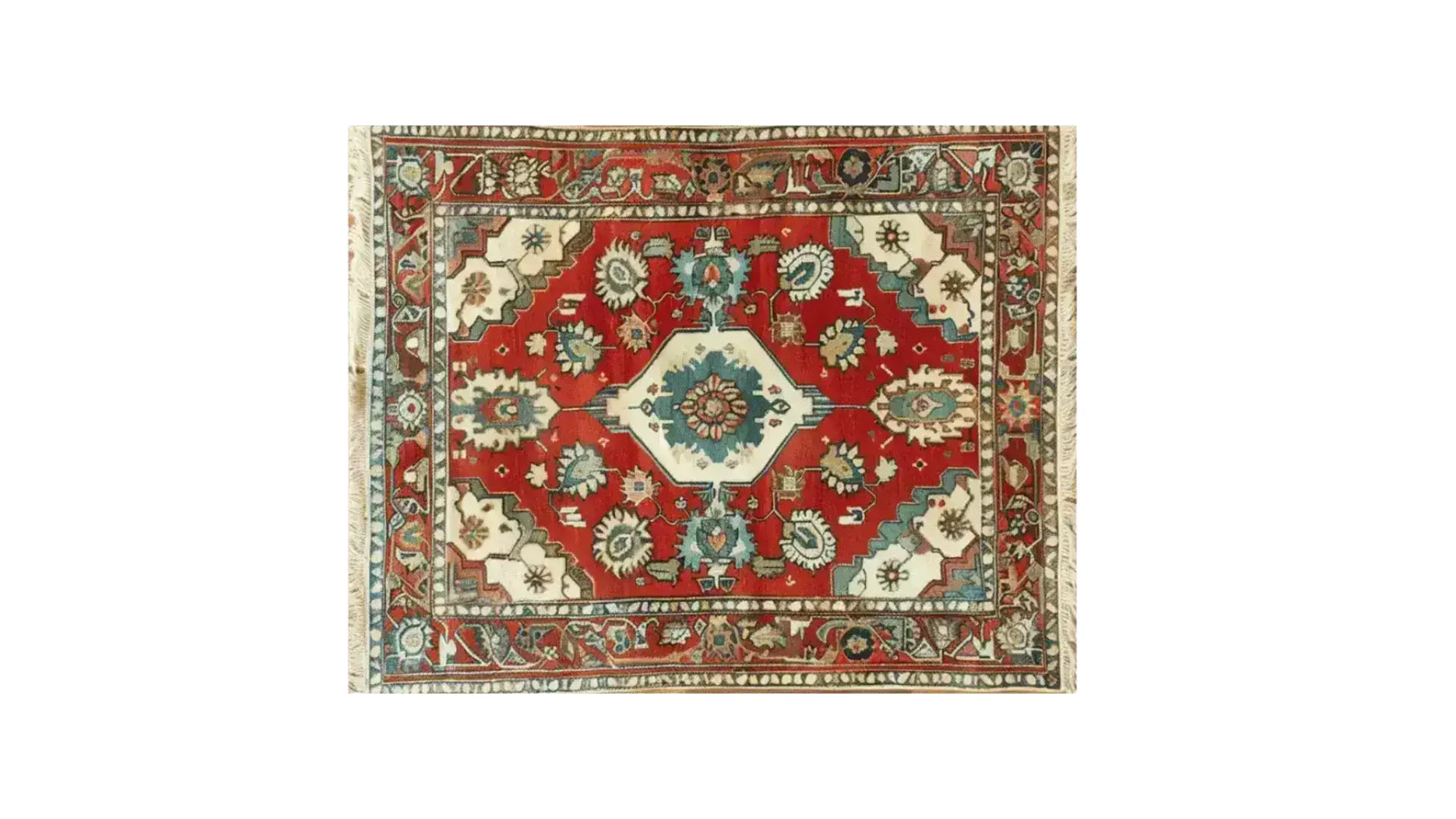 Rosy Retreat Hand Knotted Area Rug featuring a vibrant vintage design. This large living room rug showcases intricate Persian patterns in rich reds and blues, ideal for adding a touch of elegance to any space.