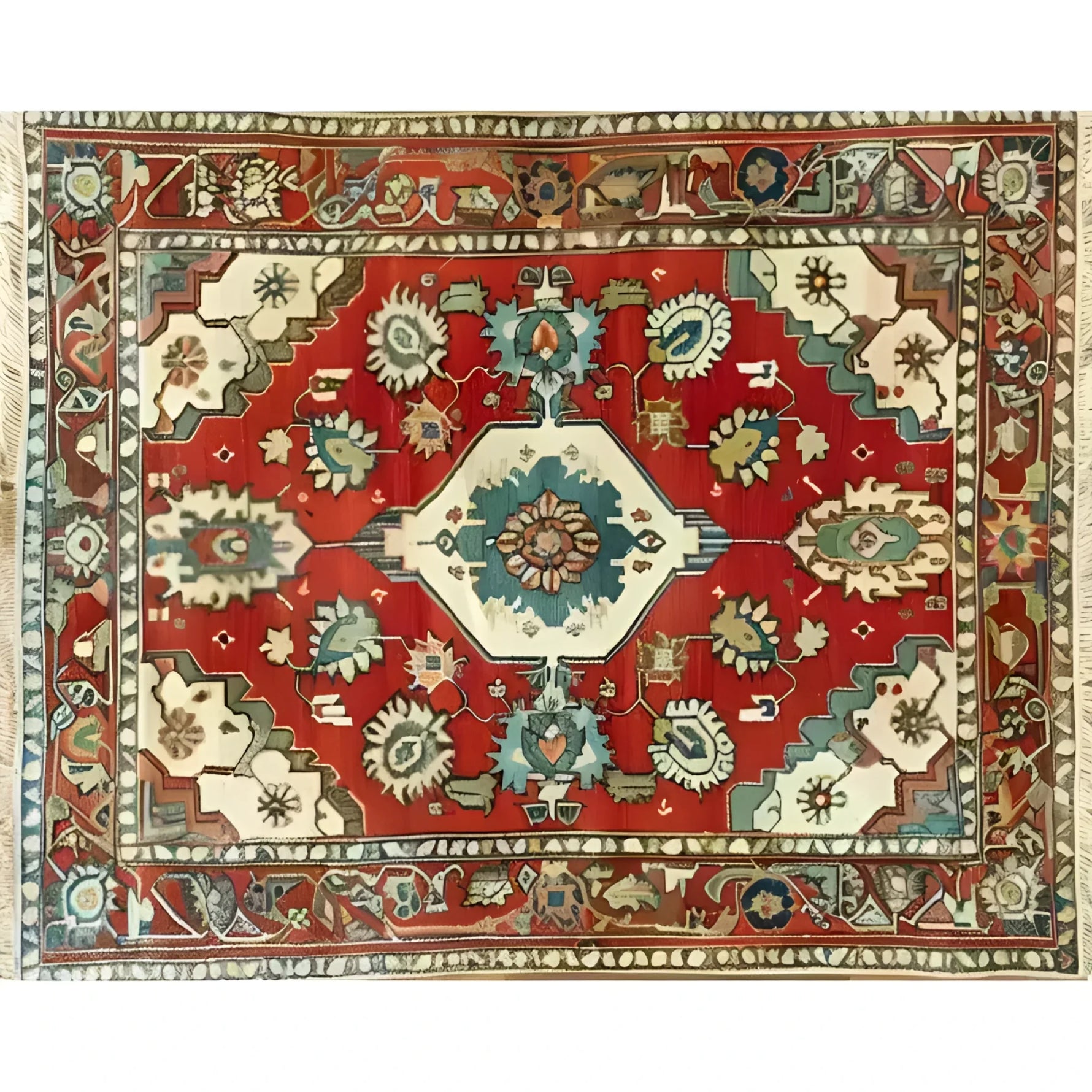 A vibrant Rosy Retreat hand knotted area rug featuring a traditional Persian design. This large living room rug showcases intricate floral patterns with rich red, blue, and cream colors, embodying a vintage rug charm perfect for enhancing your home decor.