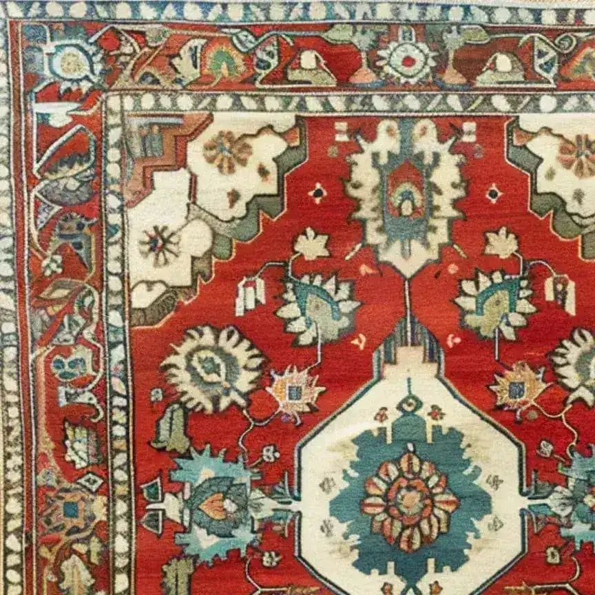 Close-up view of the Rosy Retreat Hand Knotted Area Rug, showcasing its intricate vintage Persian design. This large living room rug features a rich red background with detailed floral motifs, perfect for enhancing any space with a classic touch.