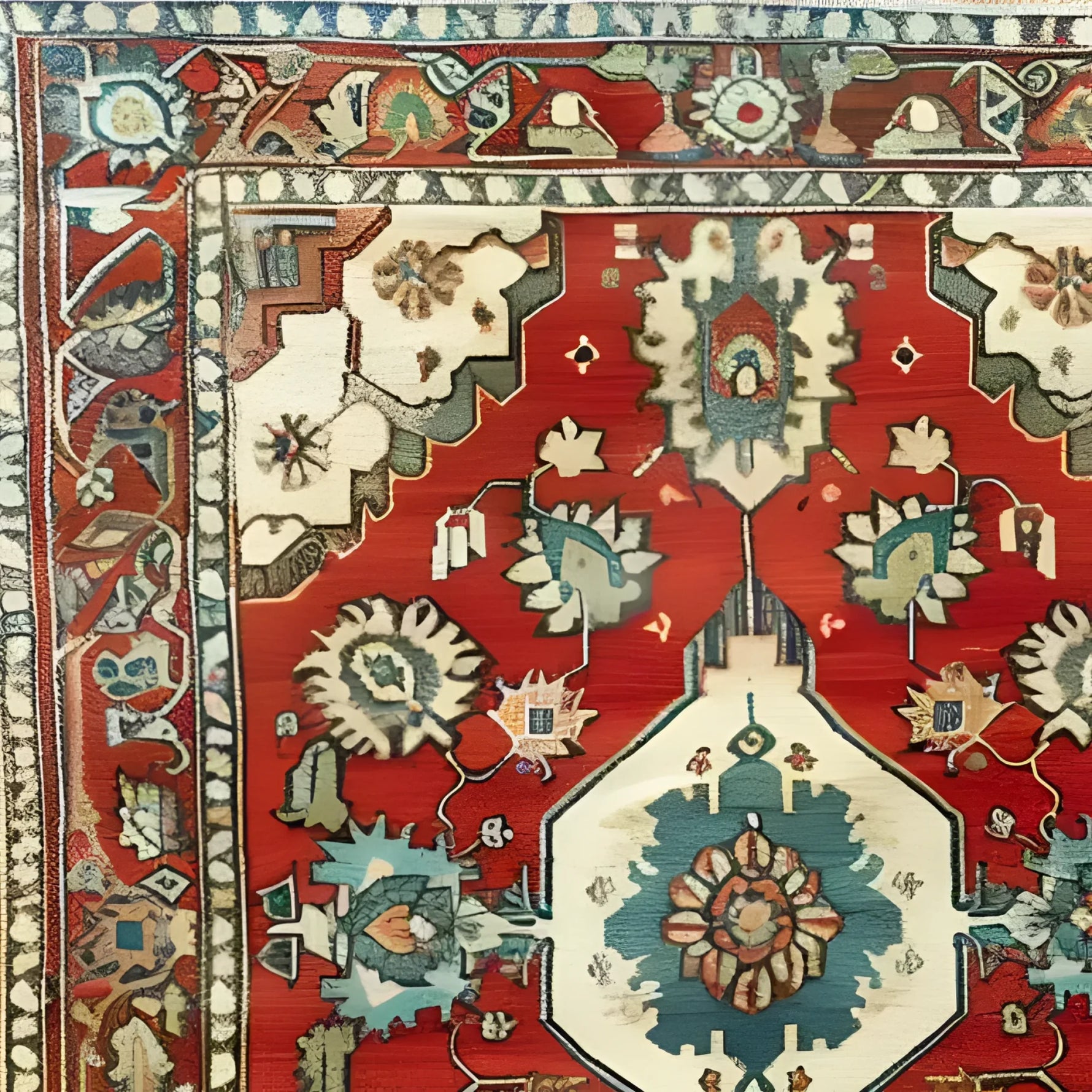 Close-up view of the Rosy Retreat Hand Knotted Area Rug, showcasing its intricate vintage Persian design. This large living room rug features a rich red background with detailed floral motifs, perfect for enhancing any space with a classic touch.
