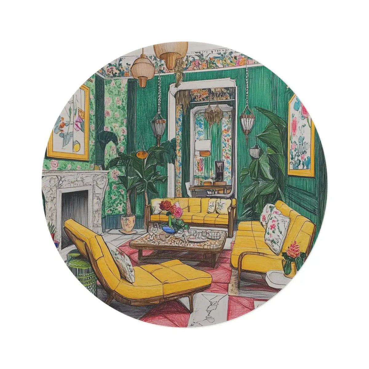 Rosy Reverie Round Rug flat lay, illustrated green-wallpapered salon with yellow sofas, fireplace, mirror and tropical plants