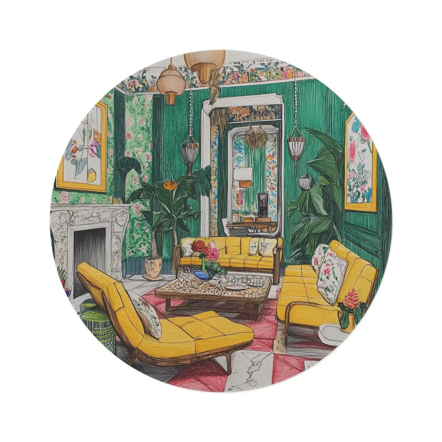 Rosy Reverie Round Rug flat lay, illustrated green-wallpapered salon with yellow sofas, fireplace, mirror and tropical plants