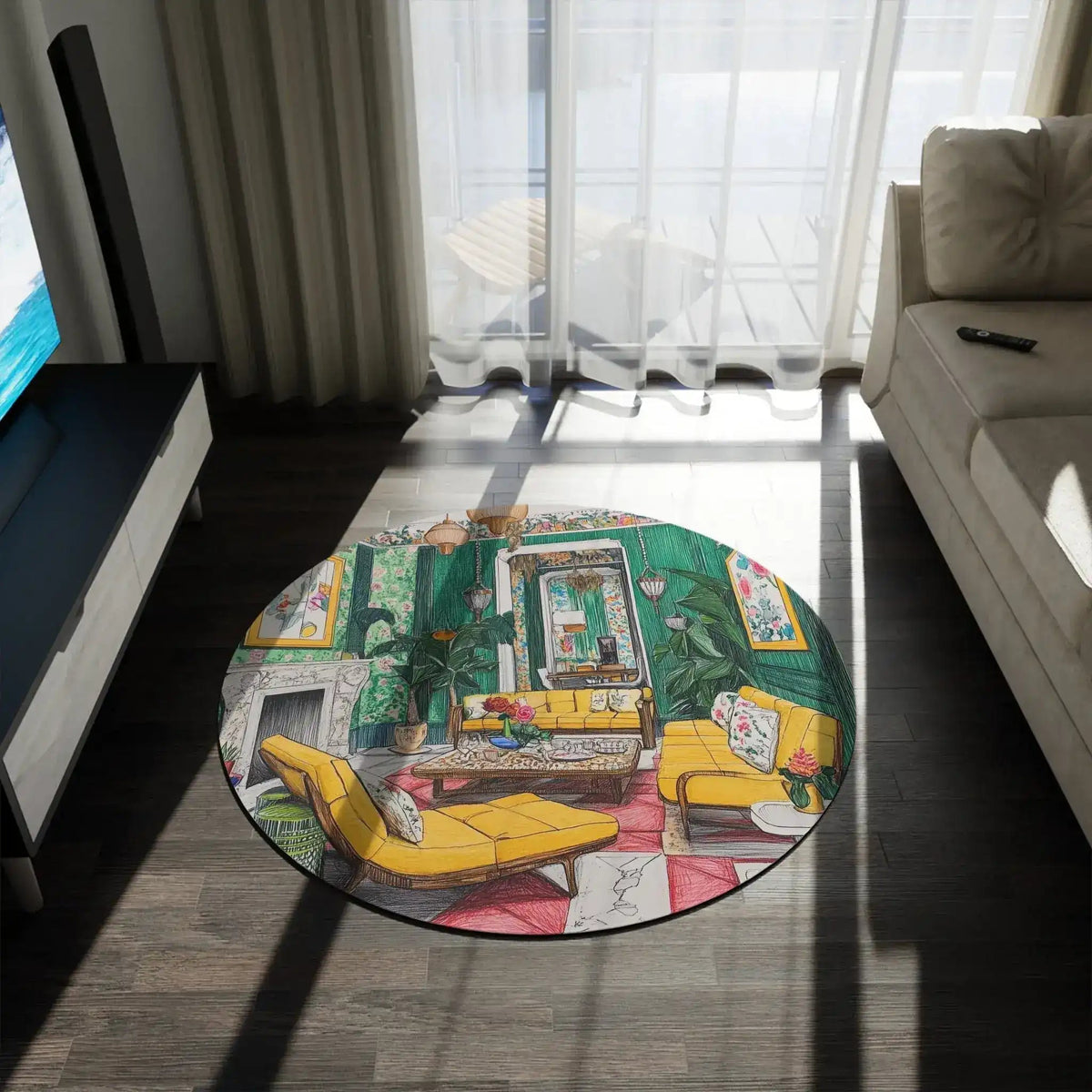 Rosy Reverie Round Rug close-up on a dark floor revealing the illustrated green salon with yellow sofas and pink rug