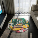 Rosy Reverie Round Rug close-up on a dark floor revealing the illustrated green salon with yellow sofas and pink rug