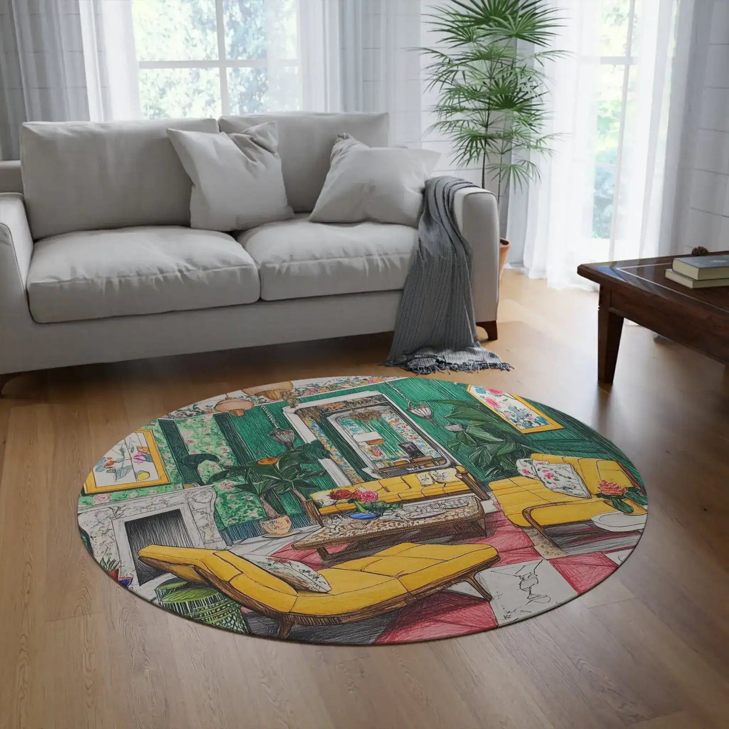 Rosy Reverie Round Rug in a warmly lit room with wooden furniture, illustrated green salon interior with yellow sofas visible