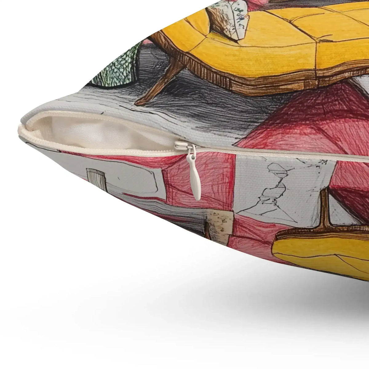Rosy Reverie Throw Pillow corner zipper detail showing yellow sofa and pink rug from the illustrated interior print with white zip closure