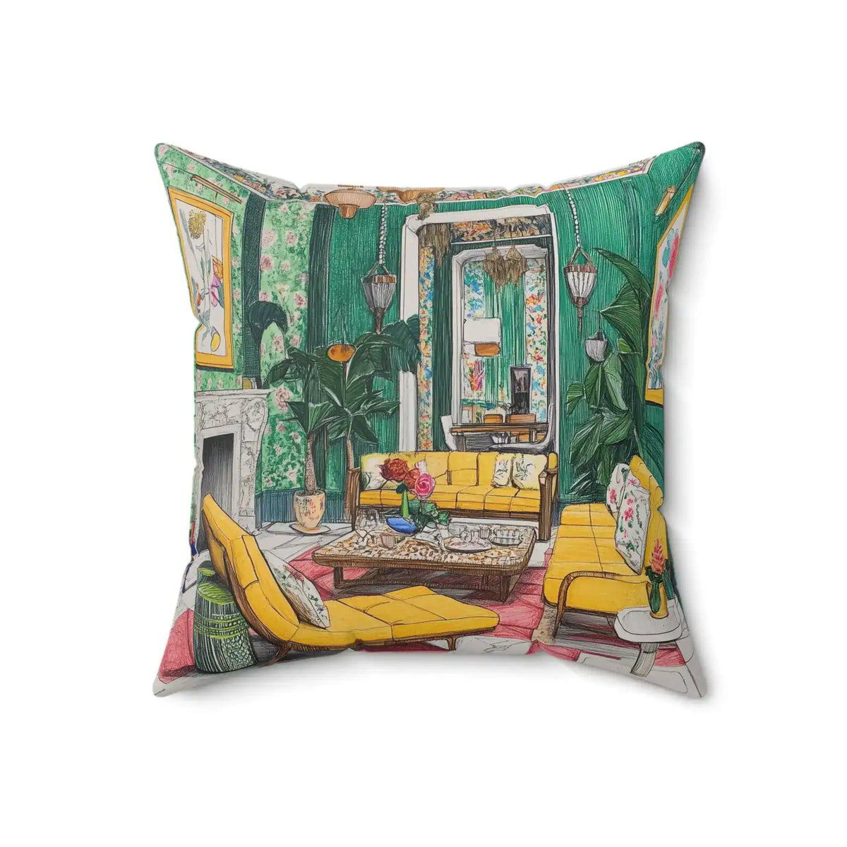Rosy Reverie Throw Pillow featuring an illustrated opulent green salon with yellow loungers, ornate fireplace, chandelier, and tropical potted palms