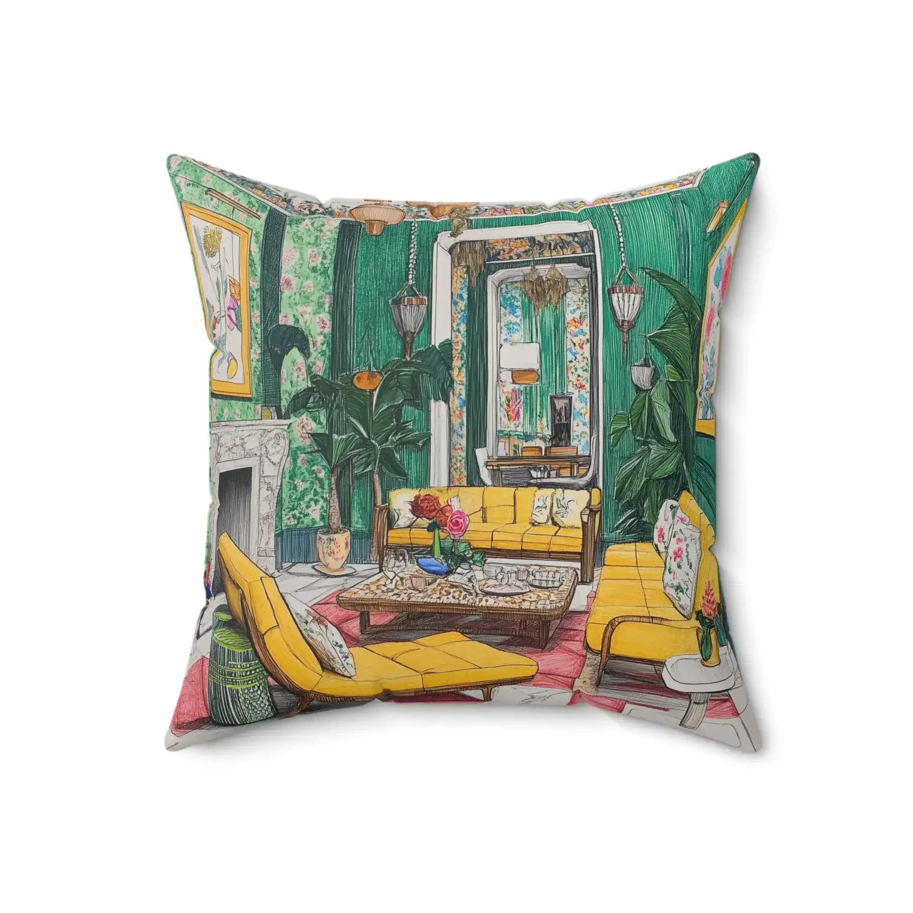 Rosy Reverie Throw Pillow featuring an illustrated opulent green salon with yellow loungers, ornate fireplace, chandelier, and tropical potted palms