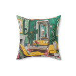 Rosy Reverie Throw Pillow showing illustrated green-wallpapered salon with mustard-yellow lounge chairs, chandelier, and potted tropical plants