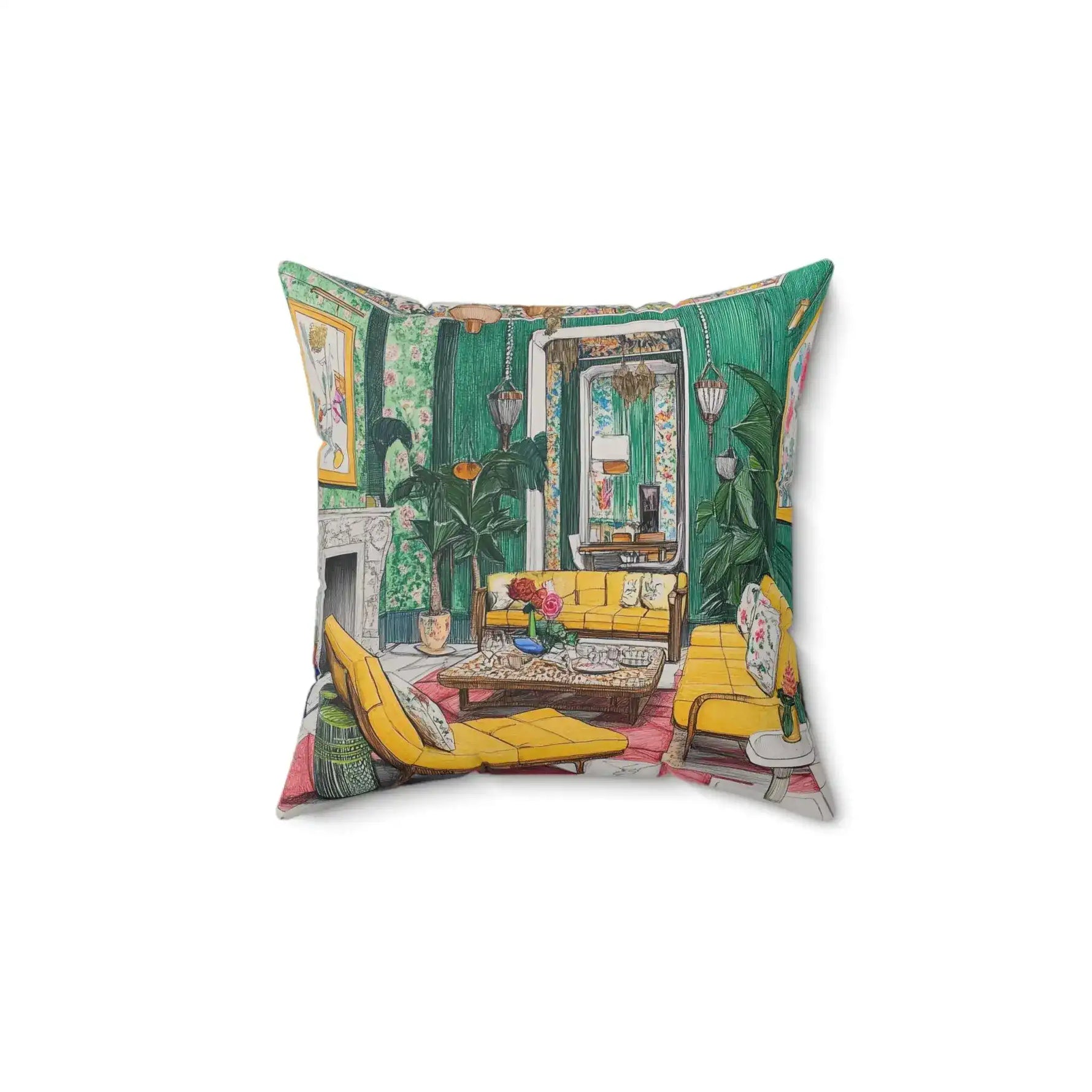 Rosy Reverie Throw Pillow with hand-drawn green salon interior scene featuring yellow midcentury sofa, wooden coffee table, pink rug, and botanical wall art