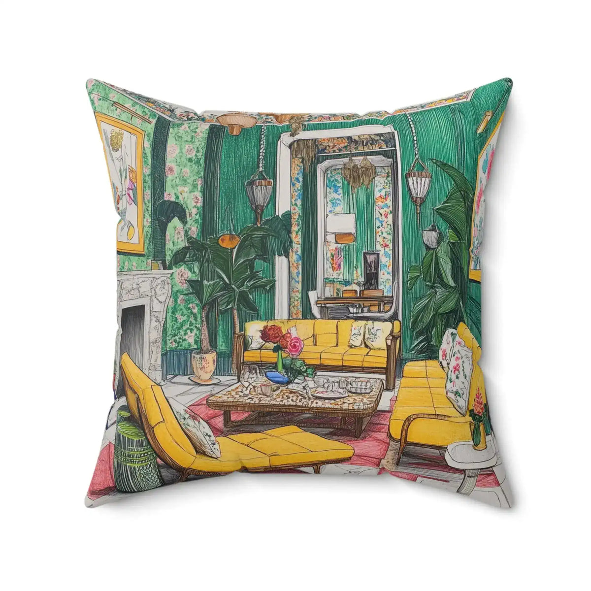 Rosy Reverie Throw Pillow with illustrated luxury sitting room scene in emerald green showing a tufted yellow sofa, marble fireplace, and lush tropical plants