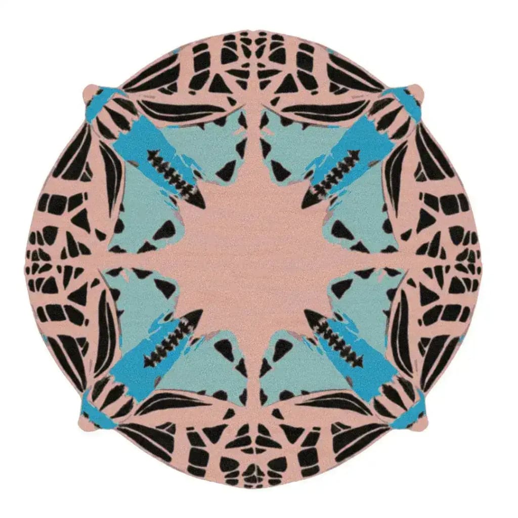 Top view of a round abstract butterfly hand-tufted area rug in blue, featuring a striking contemporary design. Ideal for adding a touch of style to any bedroom or living room, this wool rug offers a modern aesthetic perfect for area rugs in living spaces.