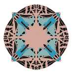 Top view of a round abstract butterfly hand-tufted area rug in blue, featuring a striking contemporary design. Ideal for adding a touch of style to any bedroom or living room, this wool rug offers a modern aesthetic perfect for area rugs in living spaces.