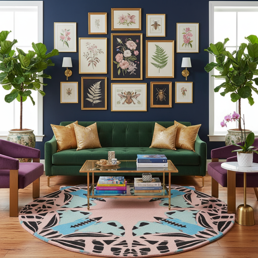 Living room with a green sofa, colorful rug, and wall art.