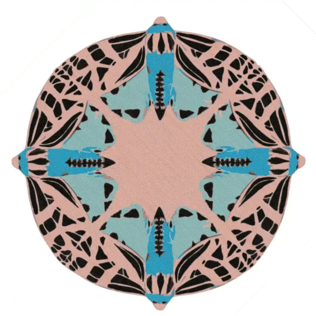 This image showcases a round abstract butterfly hand tufted rug in blue, offering a contemporary design perfect for adding elegance to both bedrooms and living rooms. The wool rug features intricate patterns in shades of blue and black, making it an ideal area rug for modern home decor.
