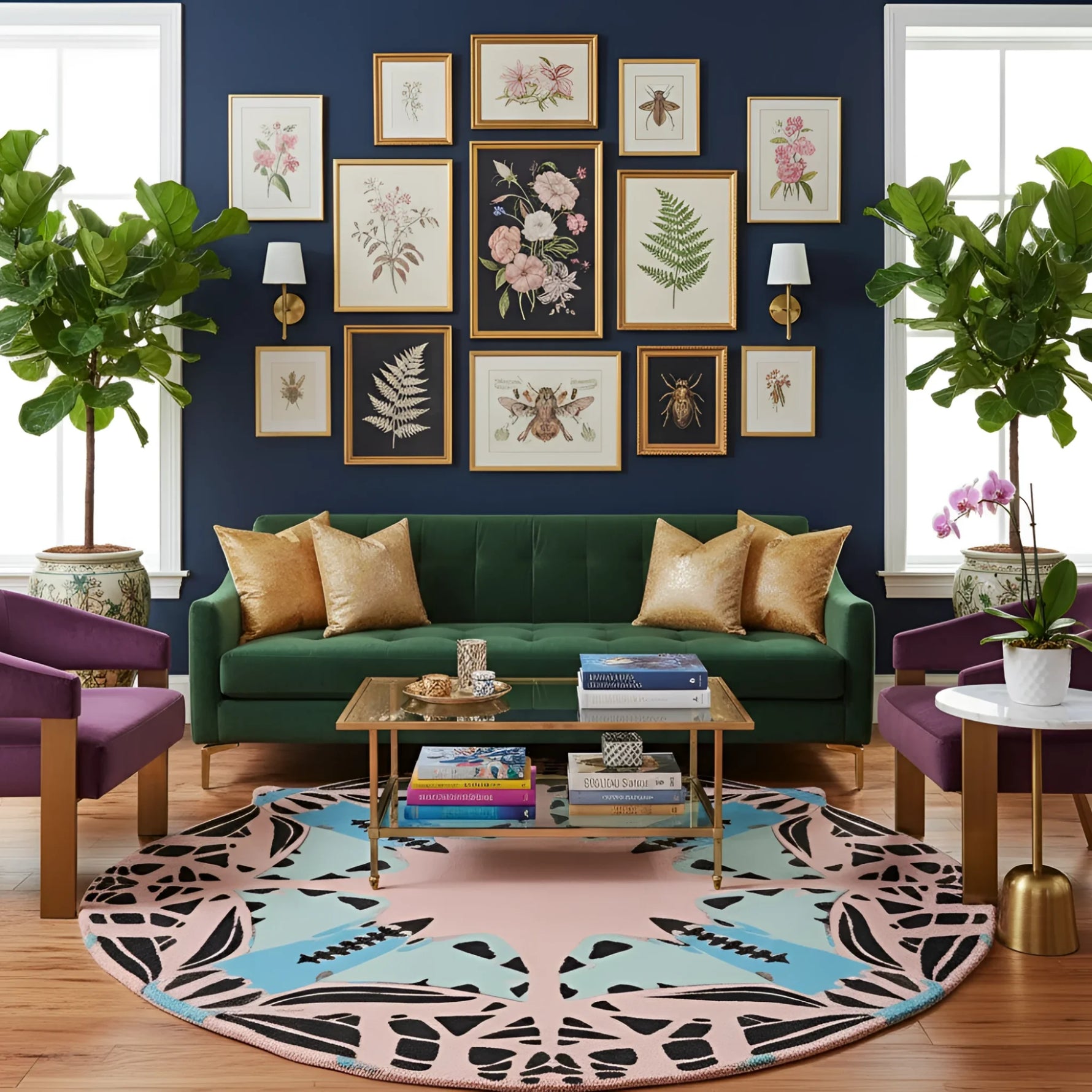 Living room with a green sofa, colorful rug, and wall art.