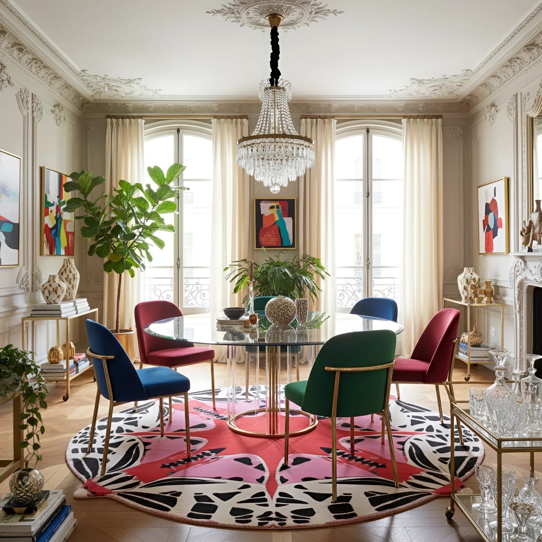 Elegant dining room with colorful butterfly round rug, and a chandelier.