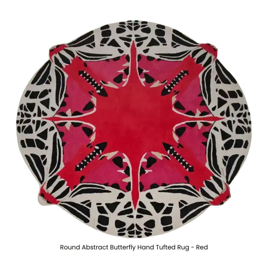 Round Abstract Butterfly Hand Tufted Rug - Red - MAIA HOMES