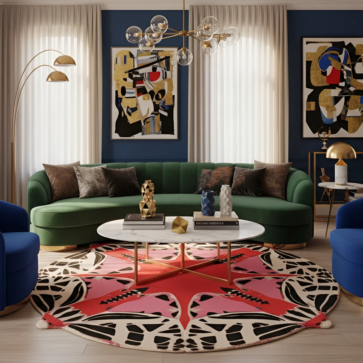 Modern living room with a green sofa, colorful rug, and abstract art on the walls.