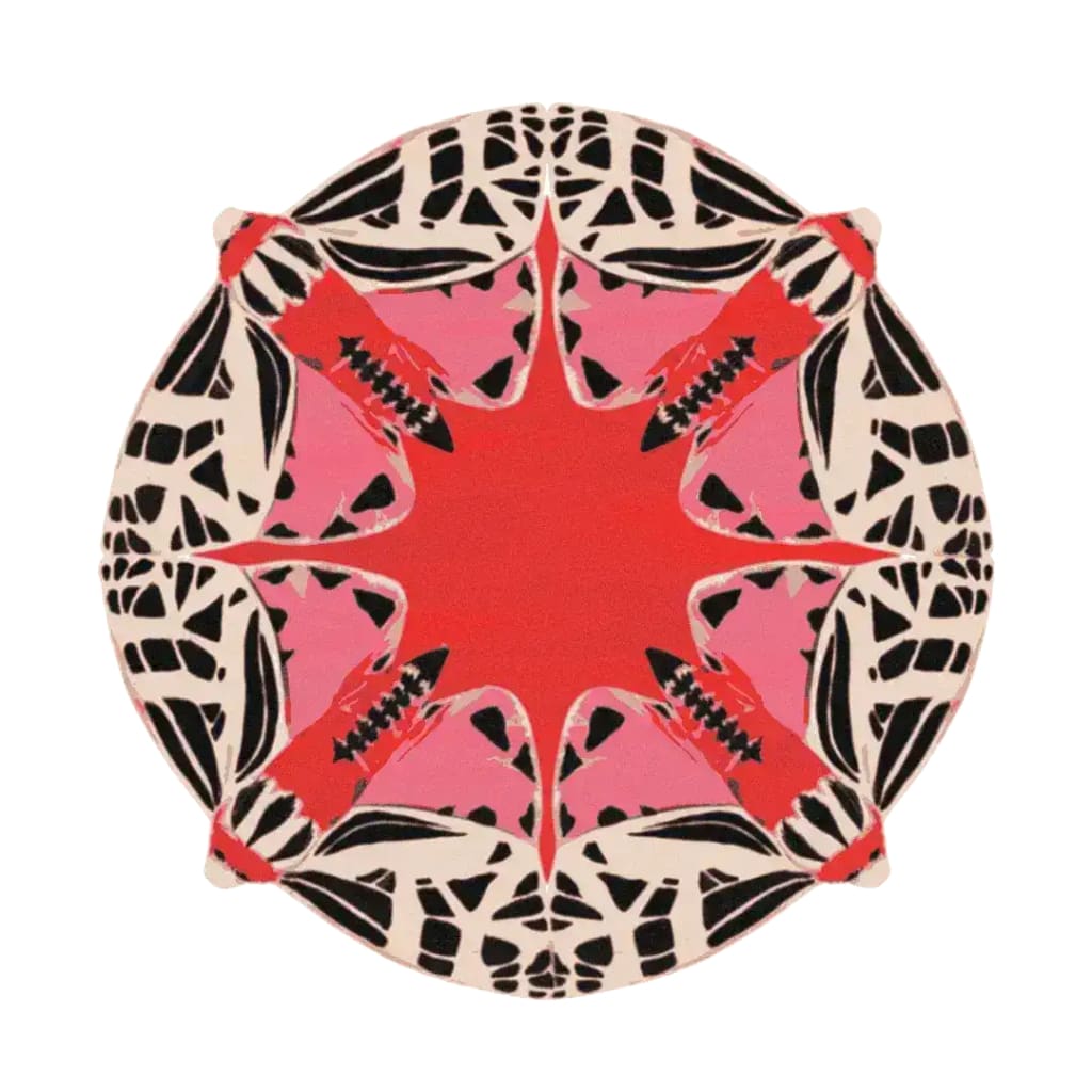 A vibrant round abstract butterfly design hand-tufted rug in red, perfect for adding a splash of color to your dining room or living room. This wool area rug features intricate patterns, making it a standout piece for dining room carpets or as an area rug for living room decor.