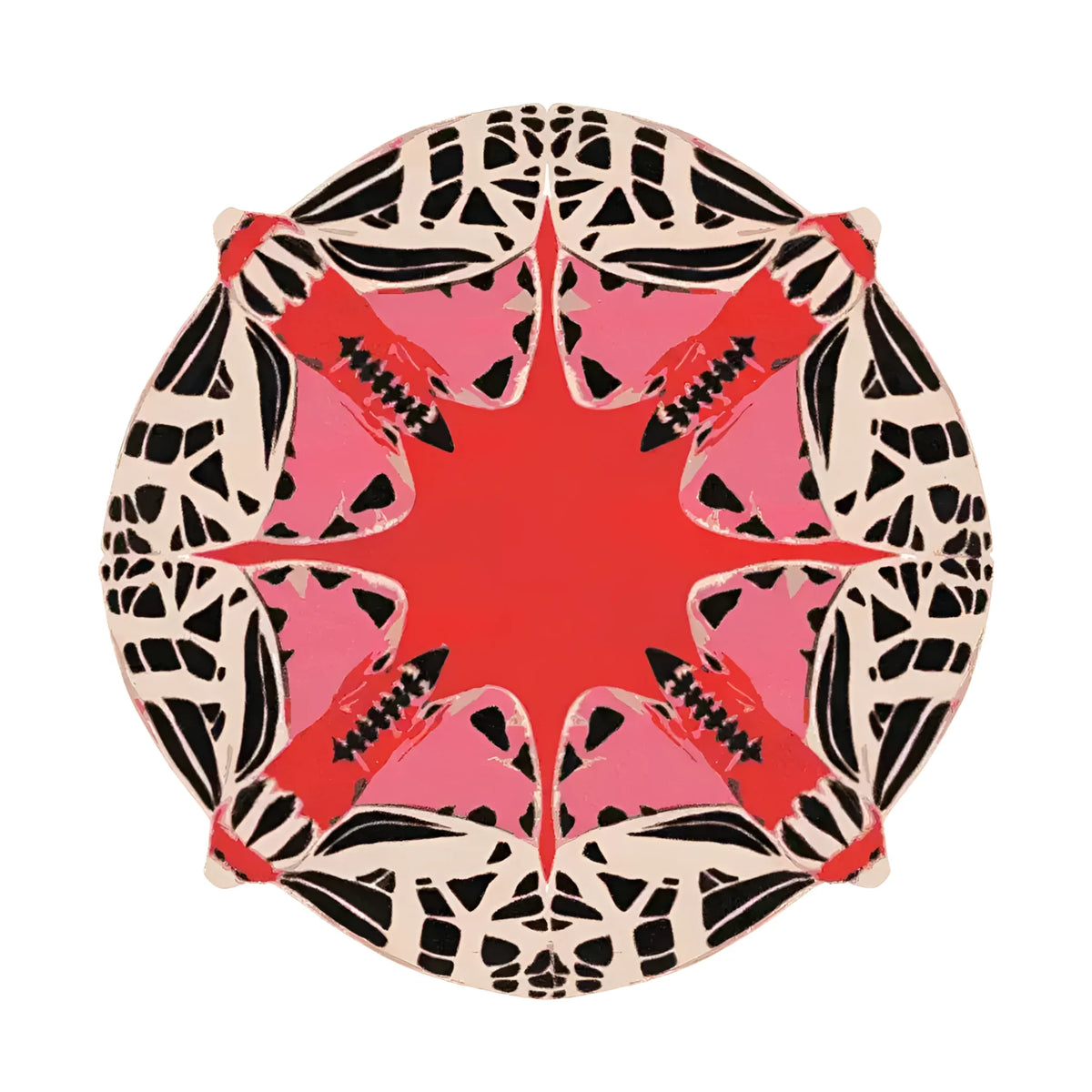 A vibrant round abstract butterfly design hand-tufted rug in red, perfect for adding a splash of color to your dining room or living room. This wool area rug features intricate patterns, making it a standout piece for dining room carpets or as an area rug for living room decor.