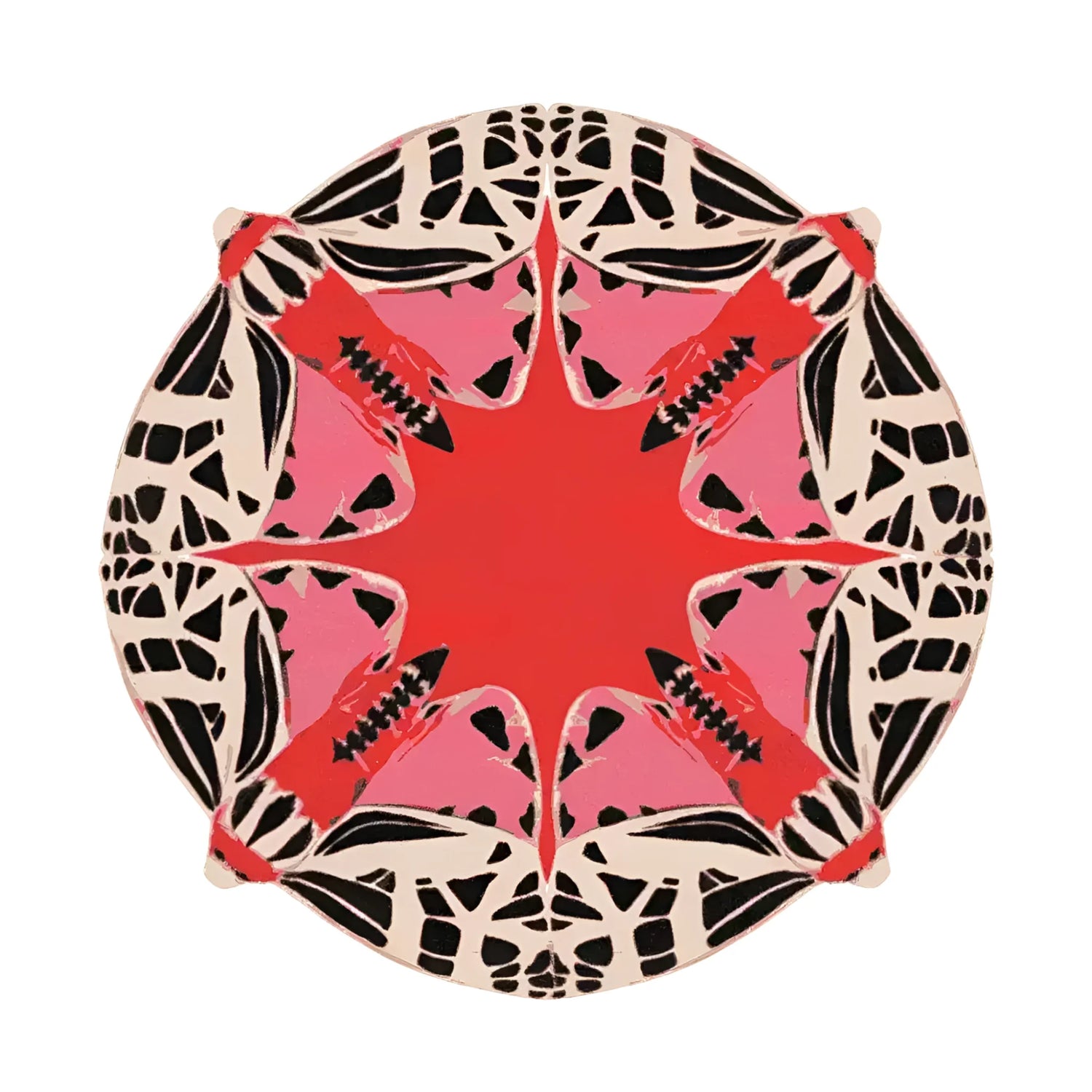 A vibrant round abstract butterfly design hand-tufted rug in red, perfect for adding a splash of color to your dining room or living room. This wool area rug features intricate patterns, making it a standout piece for dining room carpets or as an area rug for living room decor.