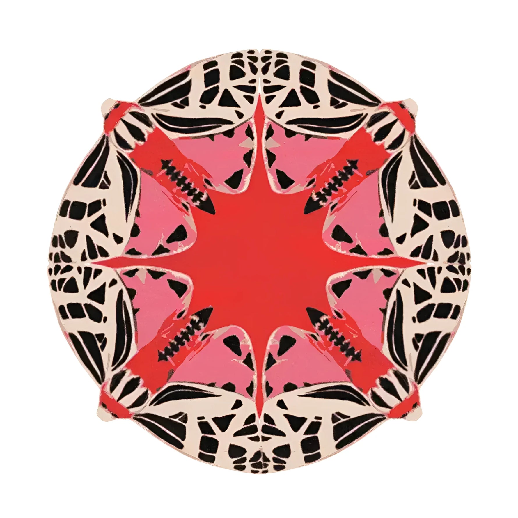 A vibrant round abstract butterfly design hand-tufted rug in red, perfect for adding a splash of color to your dining room or living room. This wool area rug features intricate patterns, making it a standout piece for dining room carpets or as an area rug for living room decor.