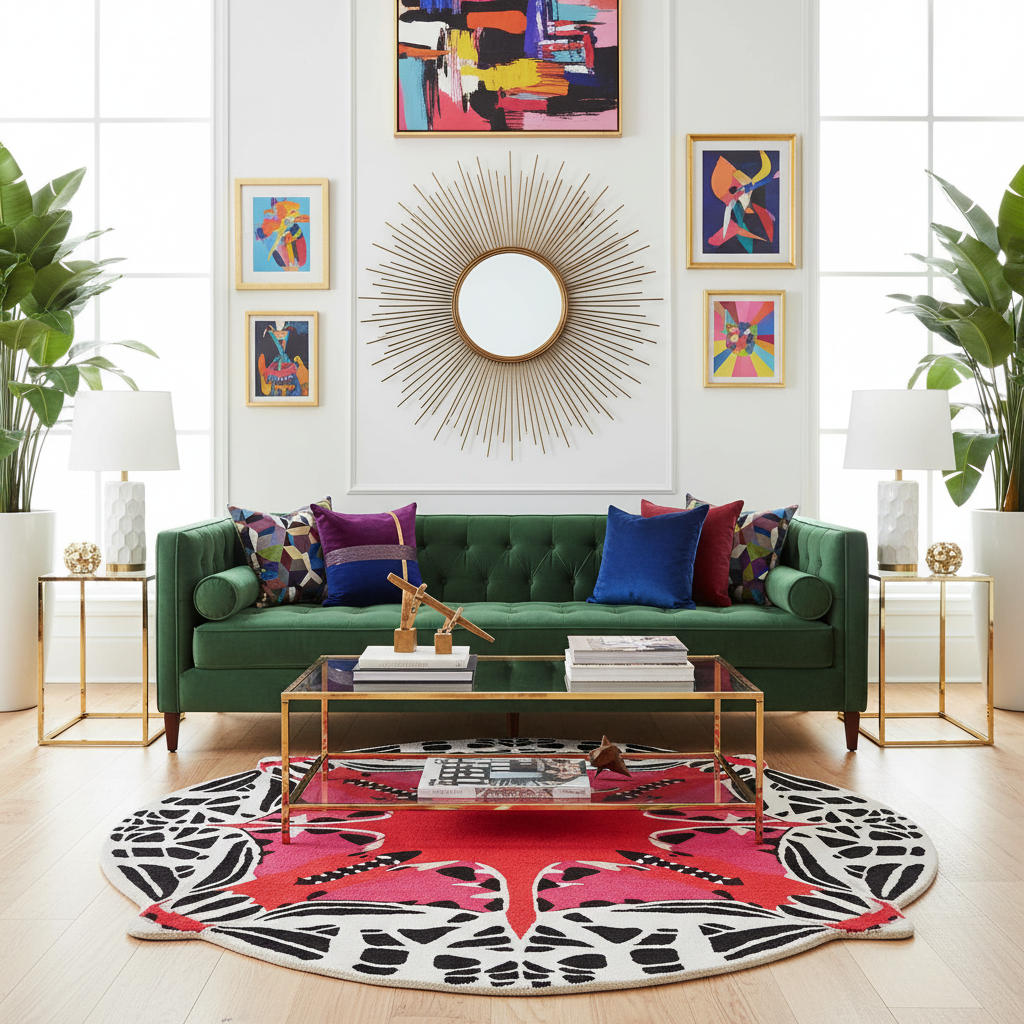 Round Abstract Butterfly Hand Tufted Rug - Red