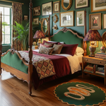 Round green snake rug styled on wood floor in a maximalist bedroom with four-poster bed