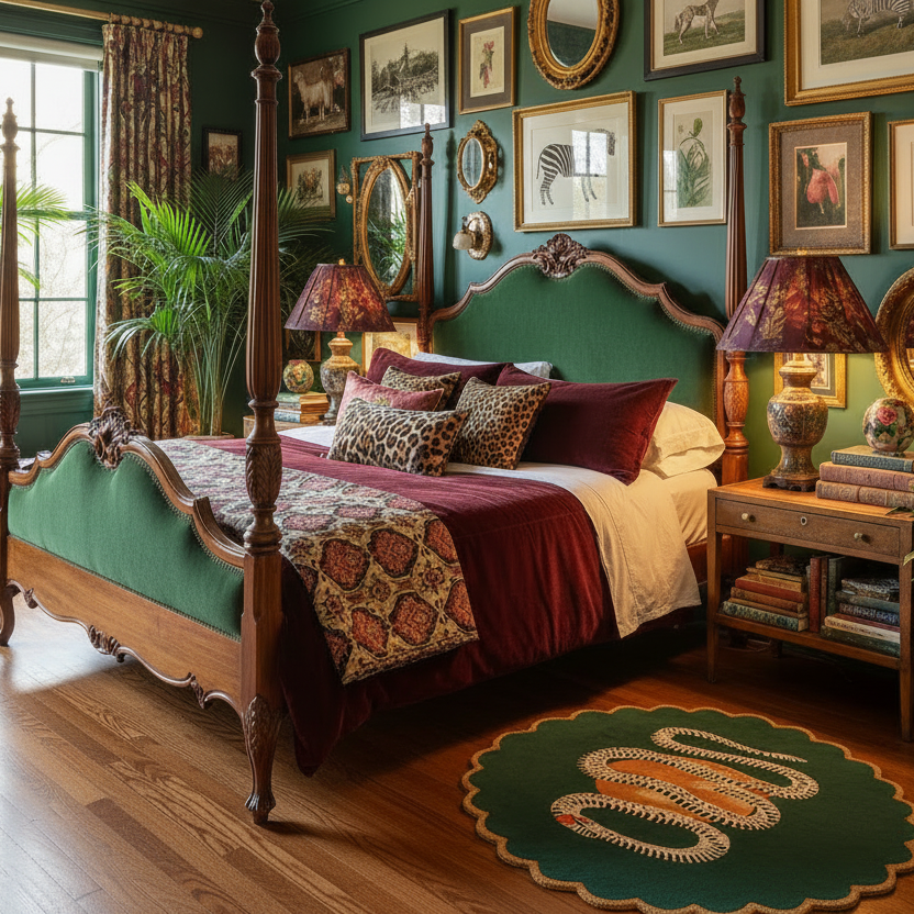 Round green snake rug styled on wood floor in a maximalist bedroom with four-poster bed