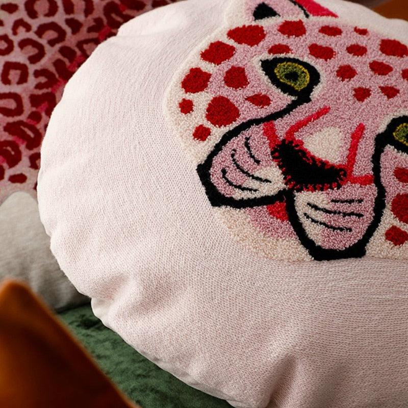 Round Jungle Leopard Tiger Embroidered Pillow Cover