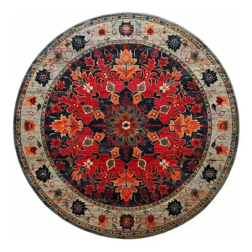 A stunning round area rug with an intricate medallion design featuring vibrant red, orange, and green patterns, ideal for bedroom decor. This wool rug showcases a Persian-inspired motif, perfect for adding an elegant touch to any bedroom area. The rich colors and detailed craftsmanship make this round rug a standout piece in the category of bedroom area rugs.