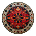 A stunning round area rug with an intricate medallion design featuring vibrant red, orange, and green patterns, ideal for bedroom decor. This wool rug showcases a Persian-inspired motif, perfect for adding an elegant touch to any bedroom area. The rich colors and detailed craftsmanship make this round rug a standout piece in the category of bedroom area rugs.