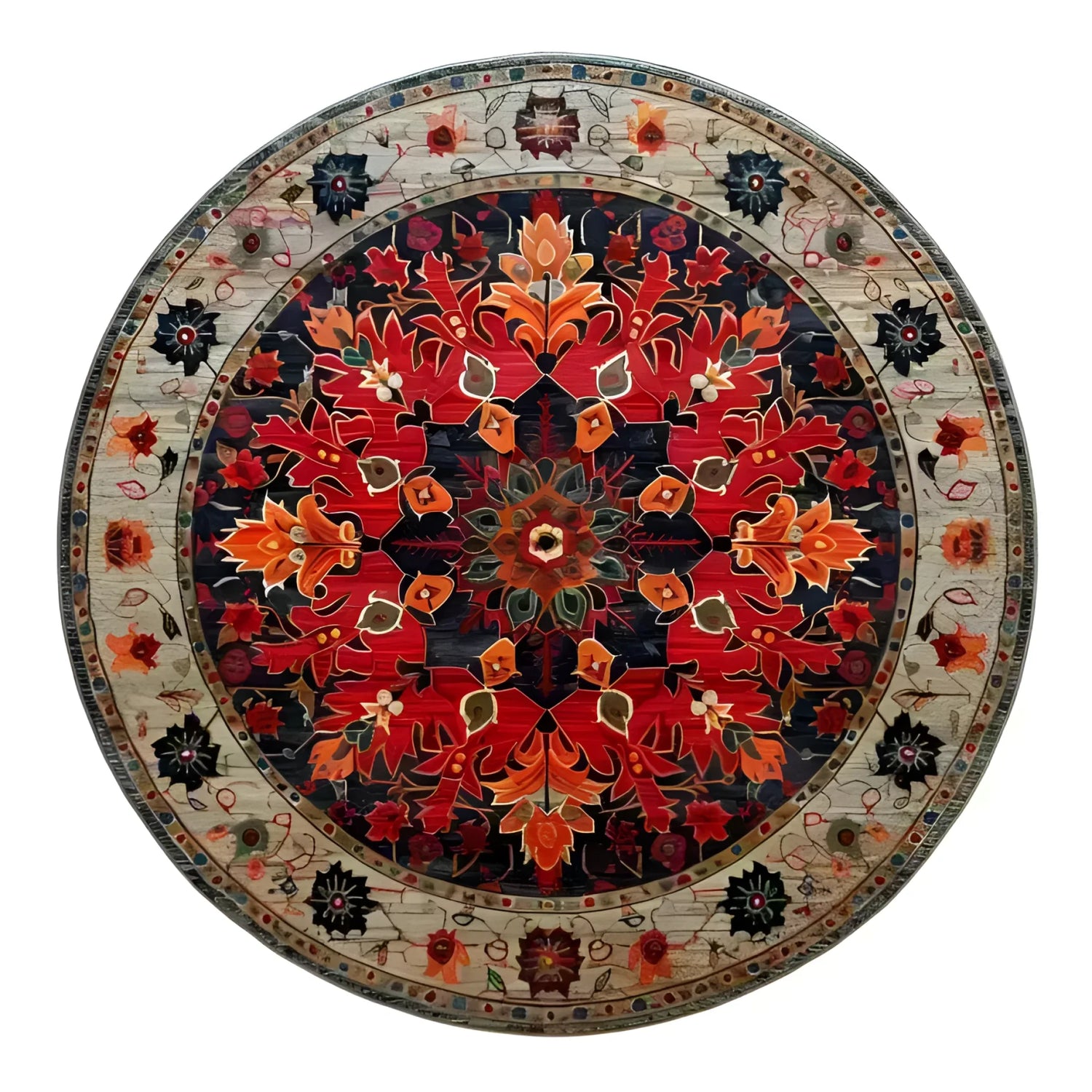 A stunning round area rug with an intricate medallion design featuring vibrant red, orange, and green patterns, ideal for bedroom decor. This wool rug showcases a Persian-inspired motif, perfect for adding an elegant touch to any bedroom area. The rich colors and detailed craftsmanship make this round rug a standout piece in the category of bedroom area rugs.