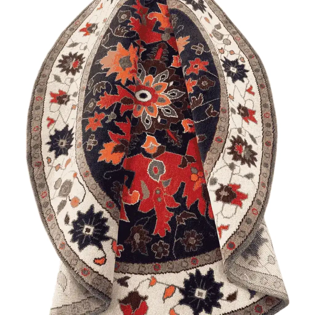 This vibrant area rug features a striking round medallion design with intricate floral patterns, perfect for adding a touch of elegance to any bedroom. Crafted from high-quality wool, this Persian-style round rug showcases rich hues of red, orange, and navy, making it a stunning centerpiece among bedroom area rugs.