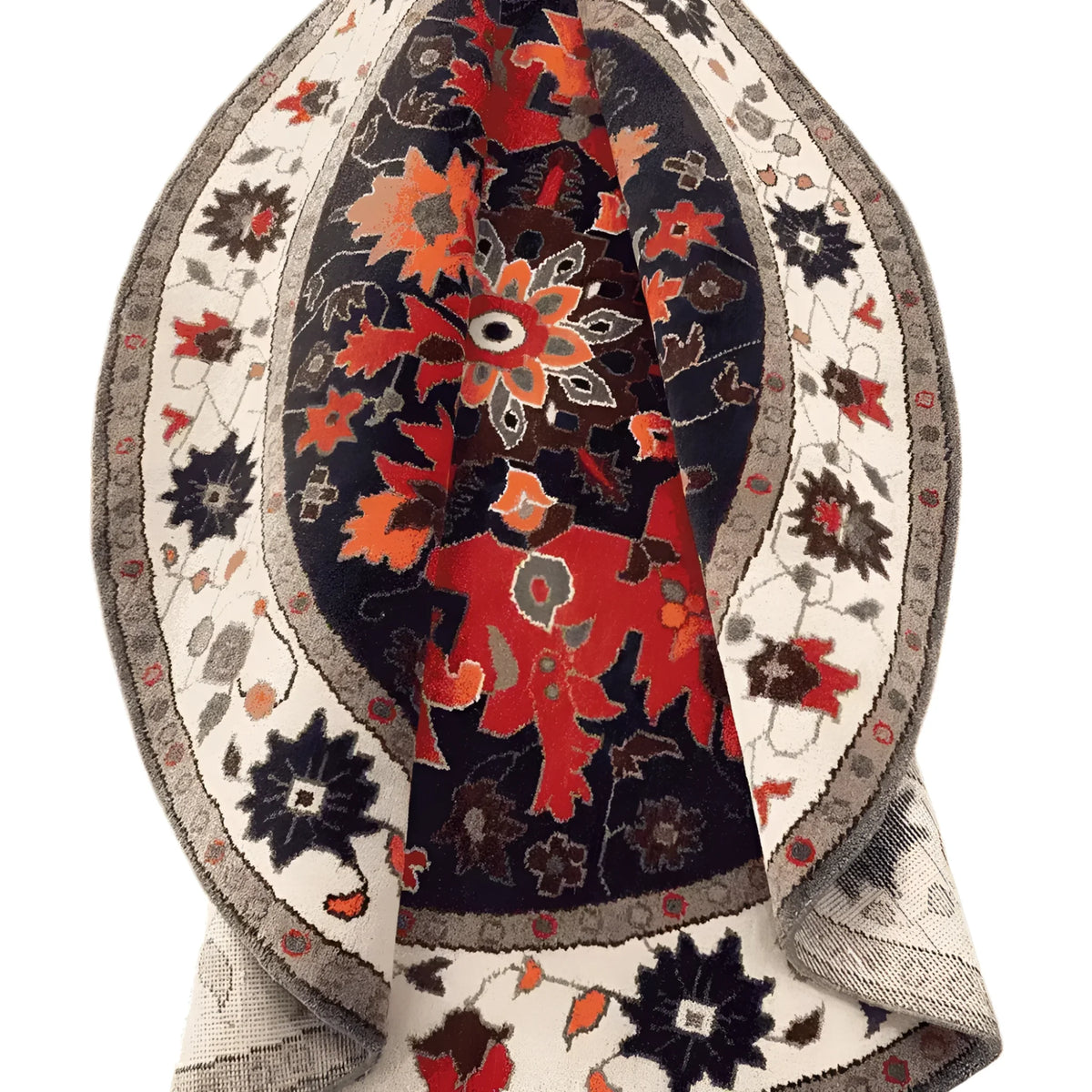 This vibrant area rug features a striking round medallion design with intricate floral patterns, perfect for adding a touch of elegance to any bedroom. Crafted from high-quality wool, this Persian-style round rug showcases rich hues of red, orange, and navy, making it a stunning centerpiece among bedroom area rugs.