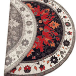 A beautifully designed round area rug featuring a vibrant medallion pattern with rich red and orange floral motifs against a dark background. This wool rug adds a touch of Persian elegance, perfect for enhancing the aesthetic of any bedroom as a luxurious bedroom area rug.