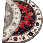 A beautifully designed round area rug featuring a vibrant medallion pattern with rich red and orange floral motifs against a dark background. This wool rug adds a touch of Persian elegance, perfect for enhancing the aesthetic of any bedroom as a luxurious bedroom area rug.