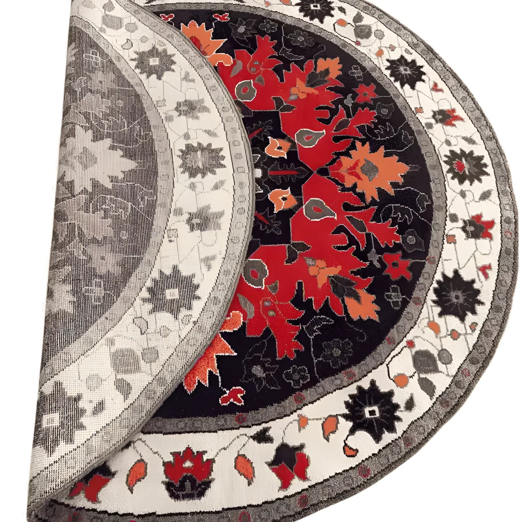A beautifully designed round area rug featuring a vibrant medallion pattern with rich red and orange floral motifs against a dark background. This wool rug adds a touch of Persian elegance, perfect for enhancing the aesthetic of any bedroom as a luxurious bedroom area rug.