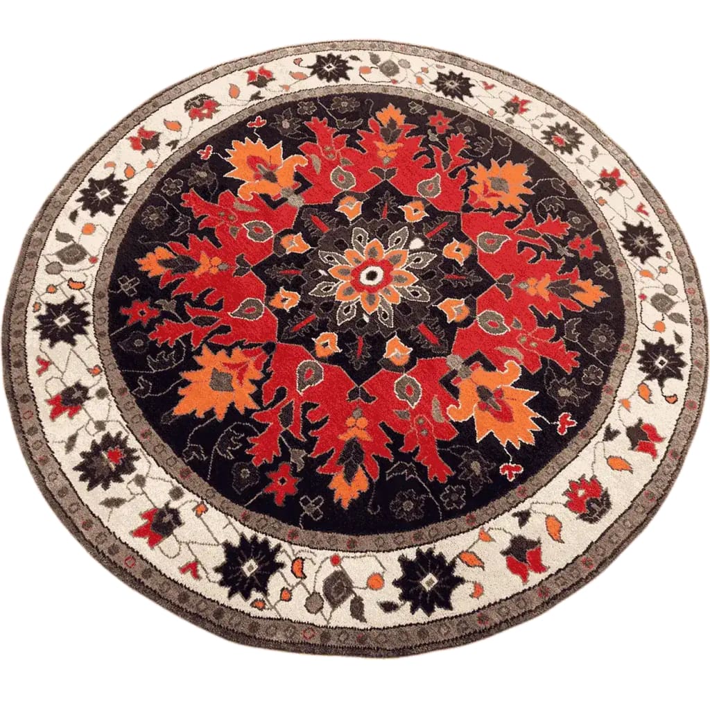 Elegant round area rug featuring a vibrant medallion design with intricate red and orange patterns against a dark background. This hard-knotted wool rug adds a Persian touch, ideal for enhancing the aesthetic of any bedroom space with its timeless charm.