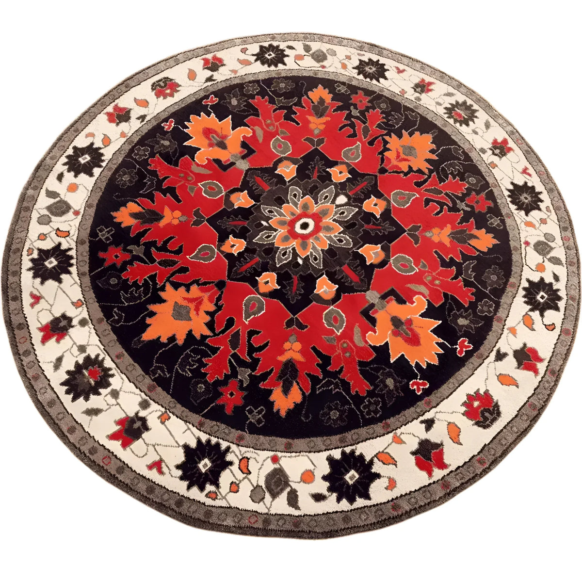 Elegant round area rug featuring a vibrant medallion design with intricate red and orange patterns against a dark background. This hard-knotted wool rug adds a Persian touch, ideal for enhancing the aesthetic of any bedroom space with its timeless charm.