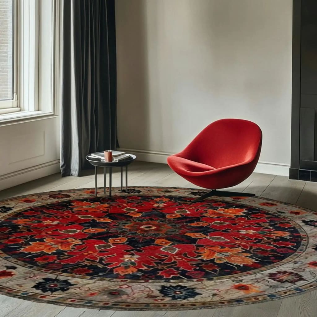 A beautifully crafted round area rug with intricate medallion patterns, perfect for adding elegance to any bedroom. This Persian-inspired wool rug features rich red and orange hues, making it a striking centerpiece in the room. Ideal for those seeking high-quality bedroom area rugs.