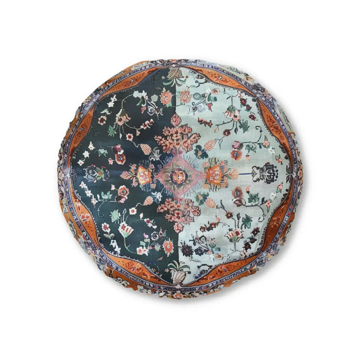 Round Ornate Floral and Geometric Floor Pillow with split-panel floral design on dark and light teal grounds and copper decorative border, flat overhead view