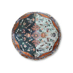 Round Ornate Floral and Geometric Floor Pillow with split-panel floral design on dark and light teal grounds and copper decorative border, flat overhead view