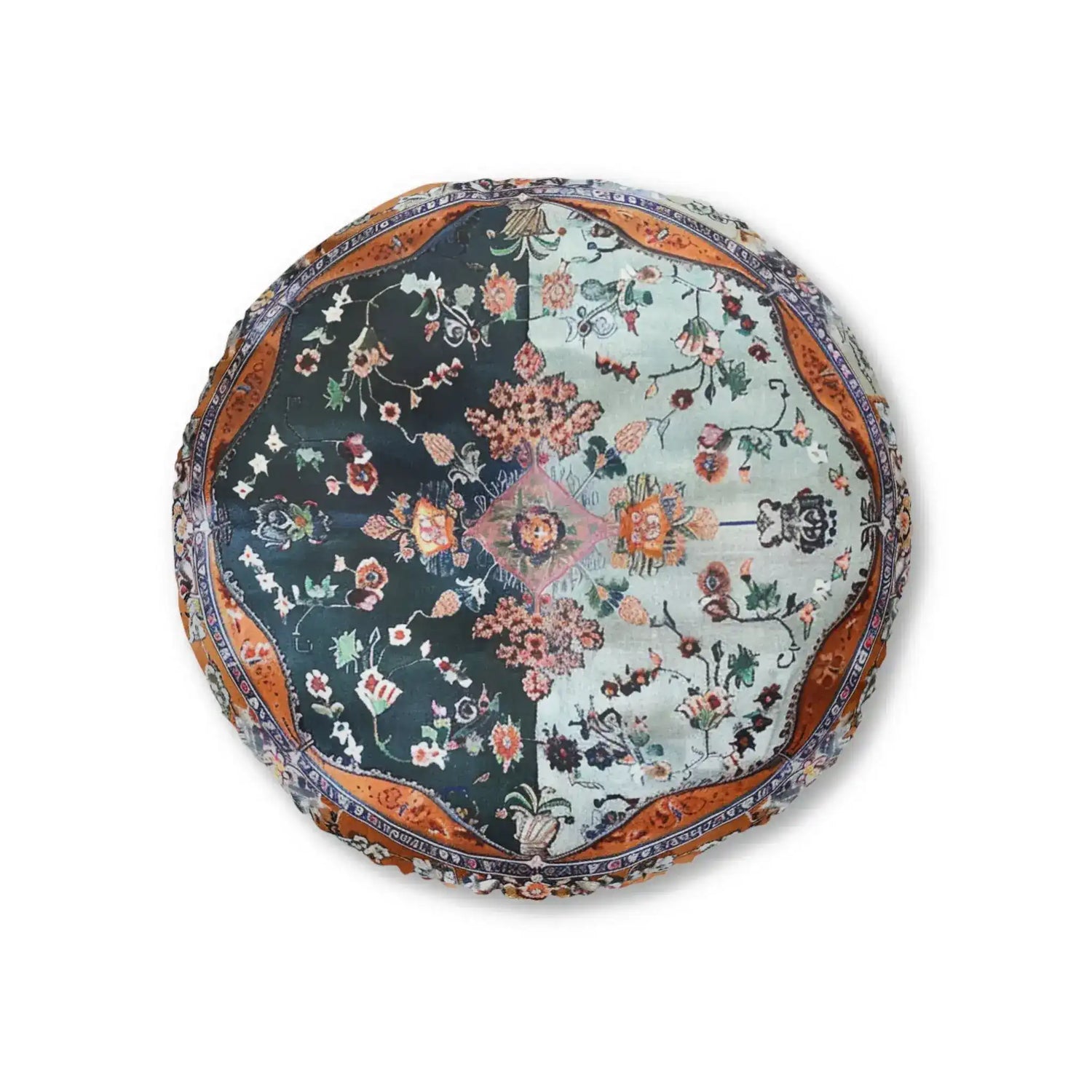 Round Ornate Floral and Geometric Floor Pillow with split-panel floral design on dark and light teal grounds and copper decorative border, flat overhead view