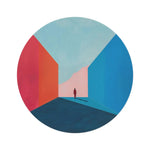 round rug with abstract blue dusty rose and blush color-block wedge sections on cream white background flat view