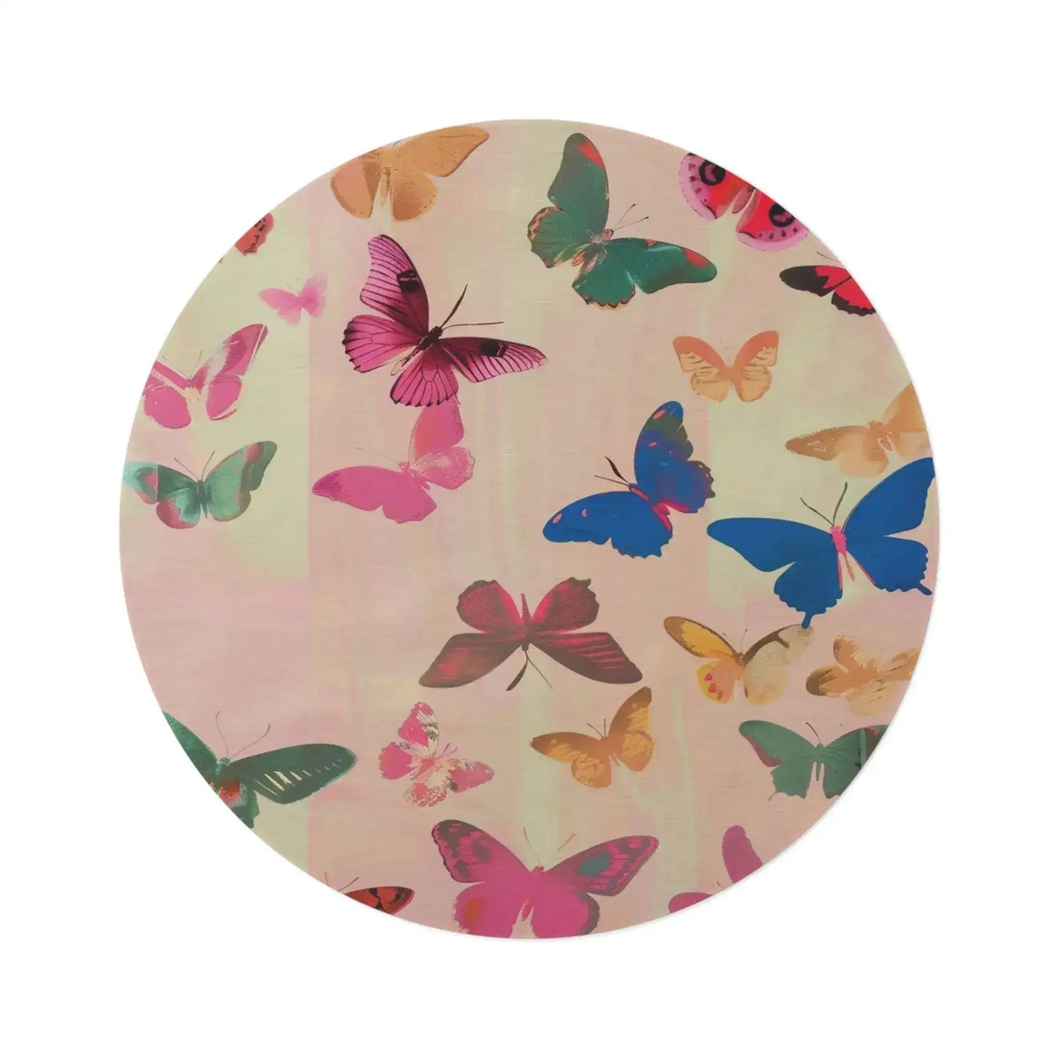 round rug covered in colorful butterflies in pink blue green and gold on cream pink background flat view