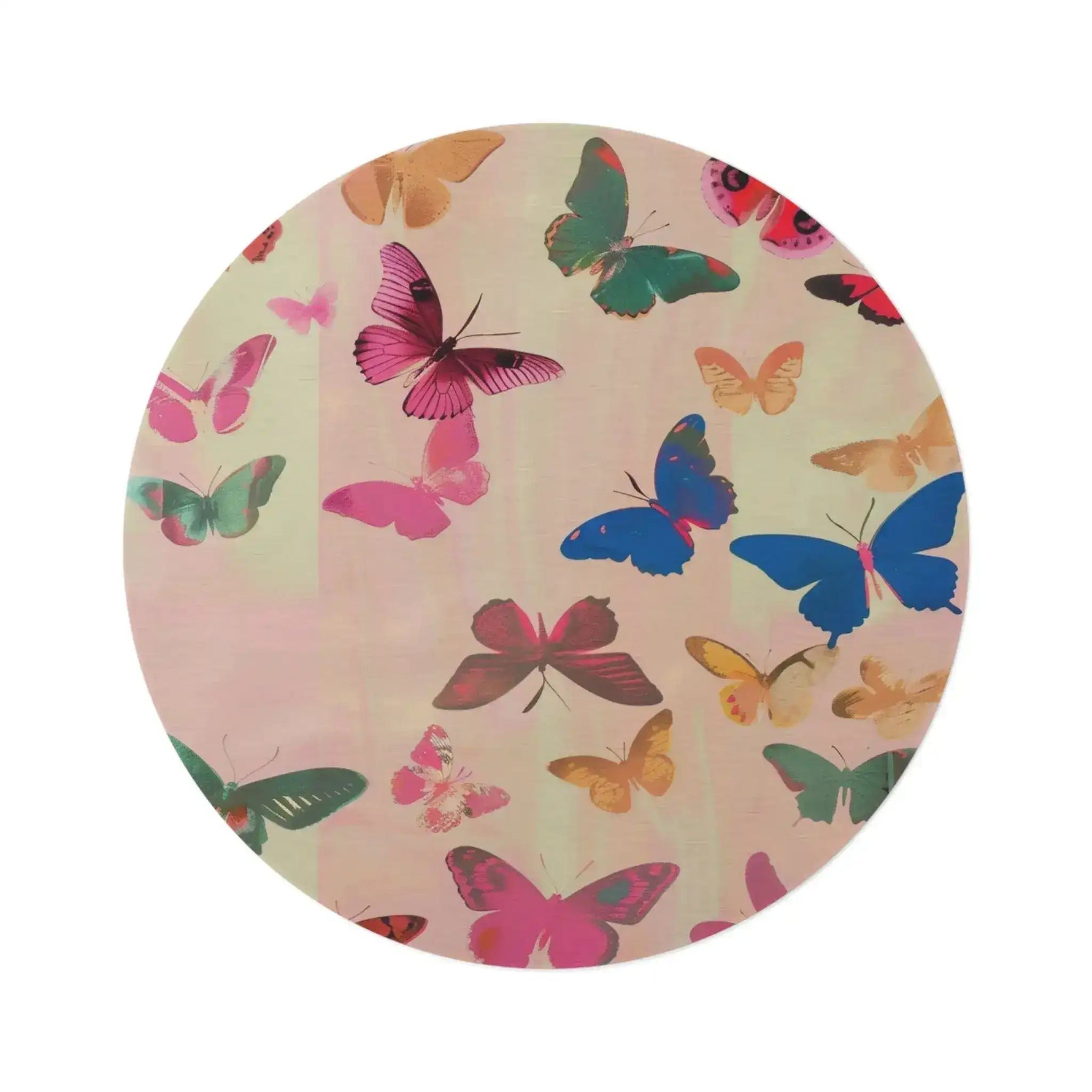 round rug covered in colorful butterflies in pink blue green and gold on cream pink background flat view